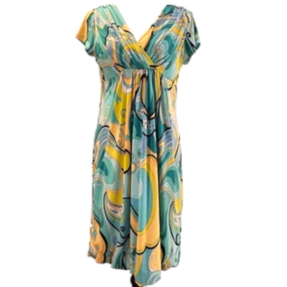 Essentials by A.B.S. Size Medium Dress Aqua & Yellow Abstract Midi